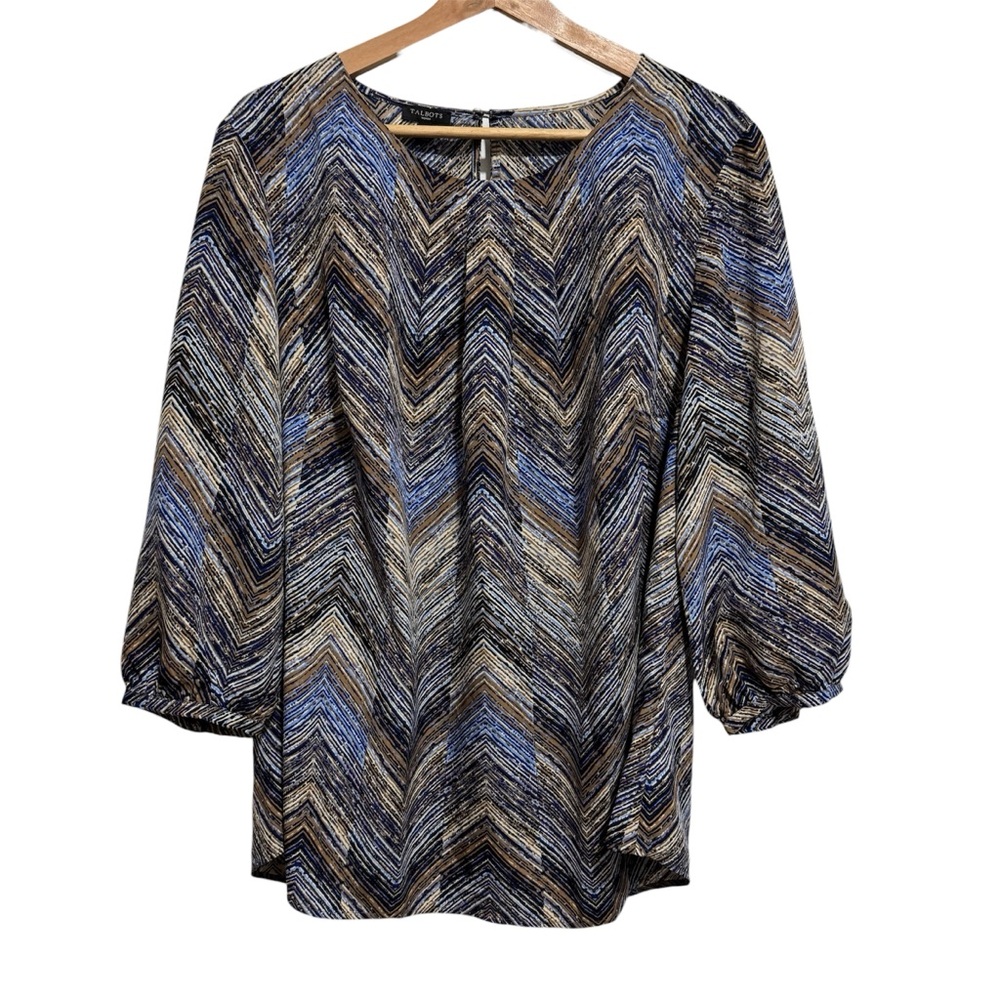Talbots Chevron Blouse Top Women Size 1X 3/4 Sleeve Pleated Flowy